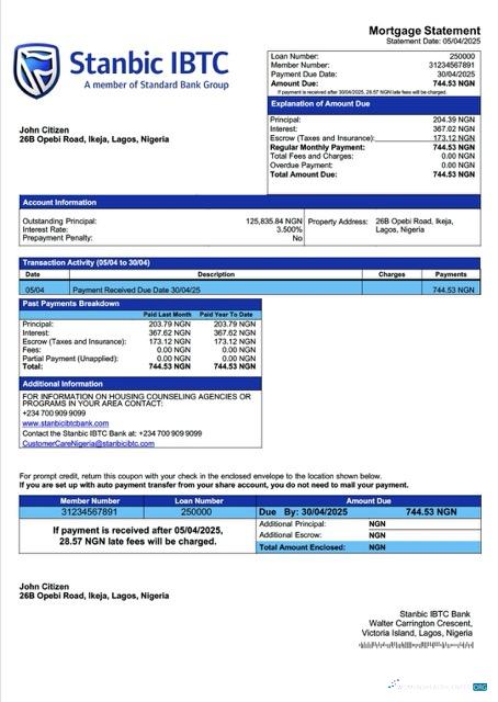 Download Nigeria Stanbic IBTC Bank mortgage statement Word and PDF template Photoshop template